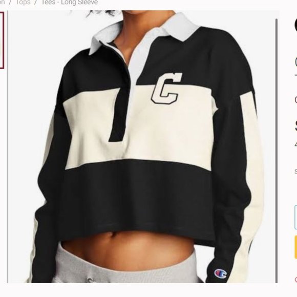 Champion Tops - Champion Black White Stripe Collared Cropped Long Sleeve T Shirt Rugby